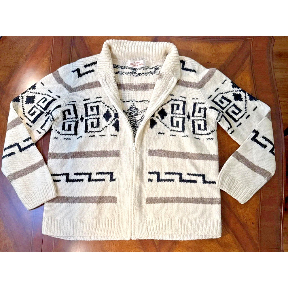 Camp Kitschy Knits 100% Wool Cardigan Ivory Black And‎ Brown 51” X 28 1/2”